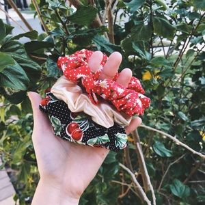cherry and red floral hair scrunchie set of 3